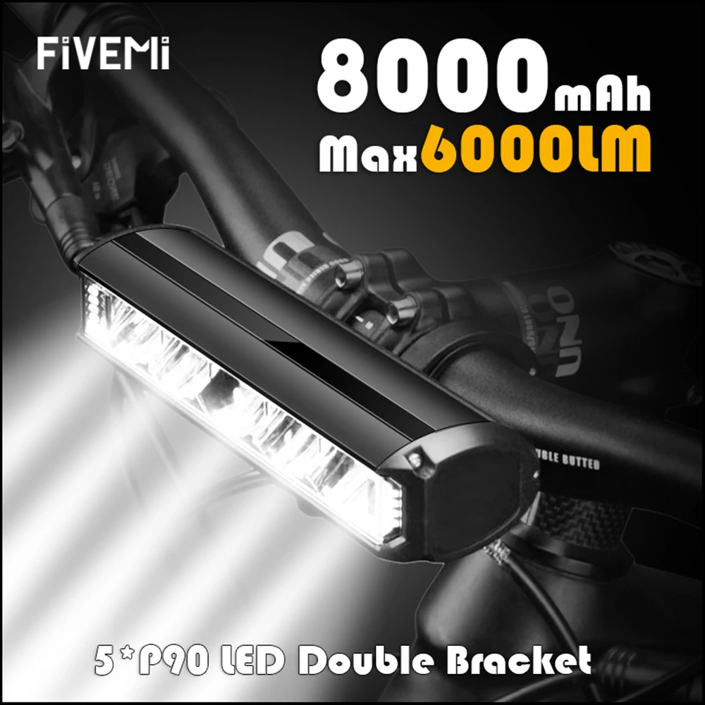 Fivemi 5LEDS Bicycle Light Front 6000LM Bike Light 8000mAh Waterproof Flashlight USB Charging MTB Road Cycling Lamp Accessories