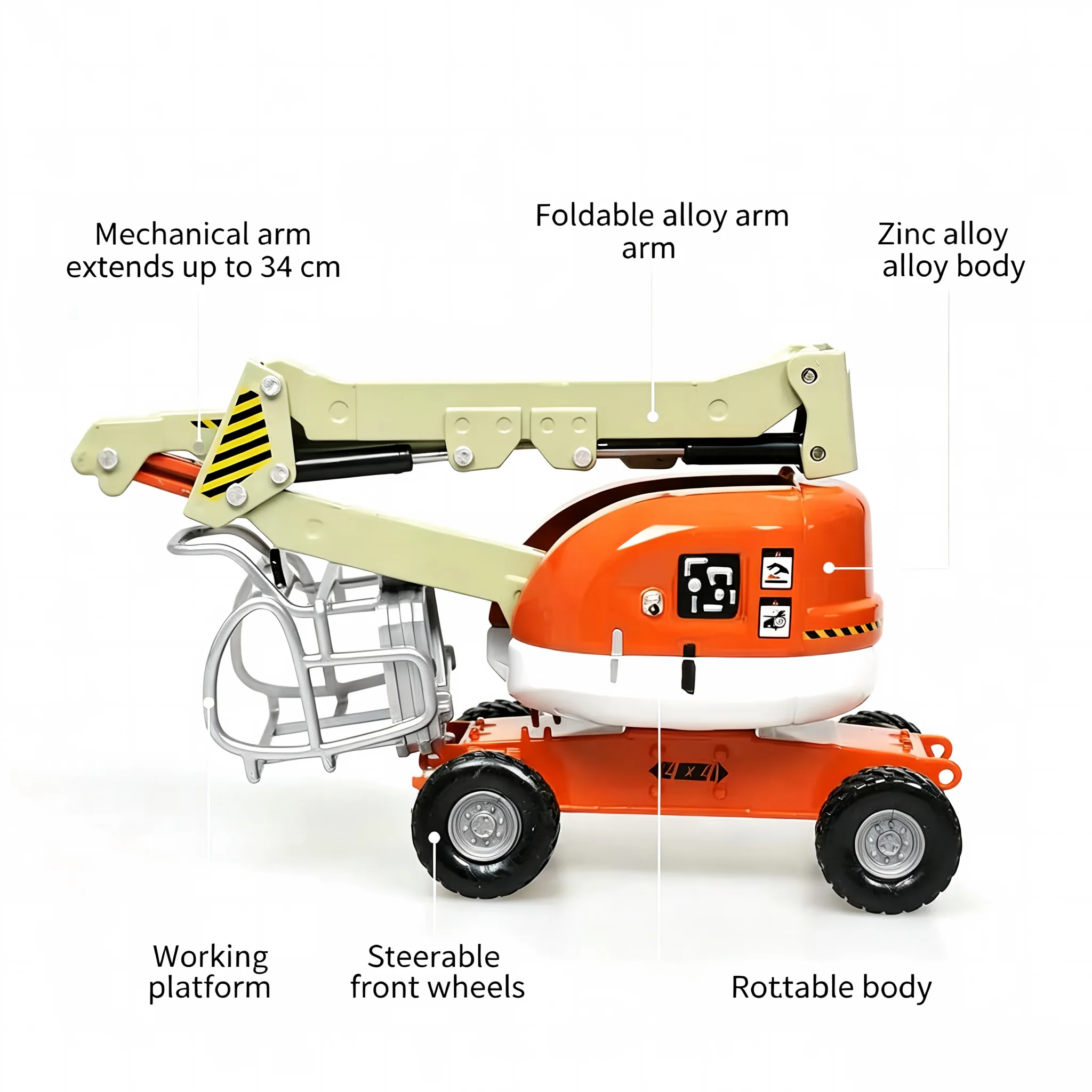 Aerial work platform model toy, boom lift, 1:87 scale realistic manlift cherry picker, alloy & plastic material