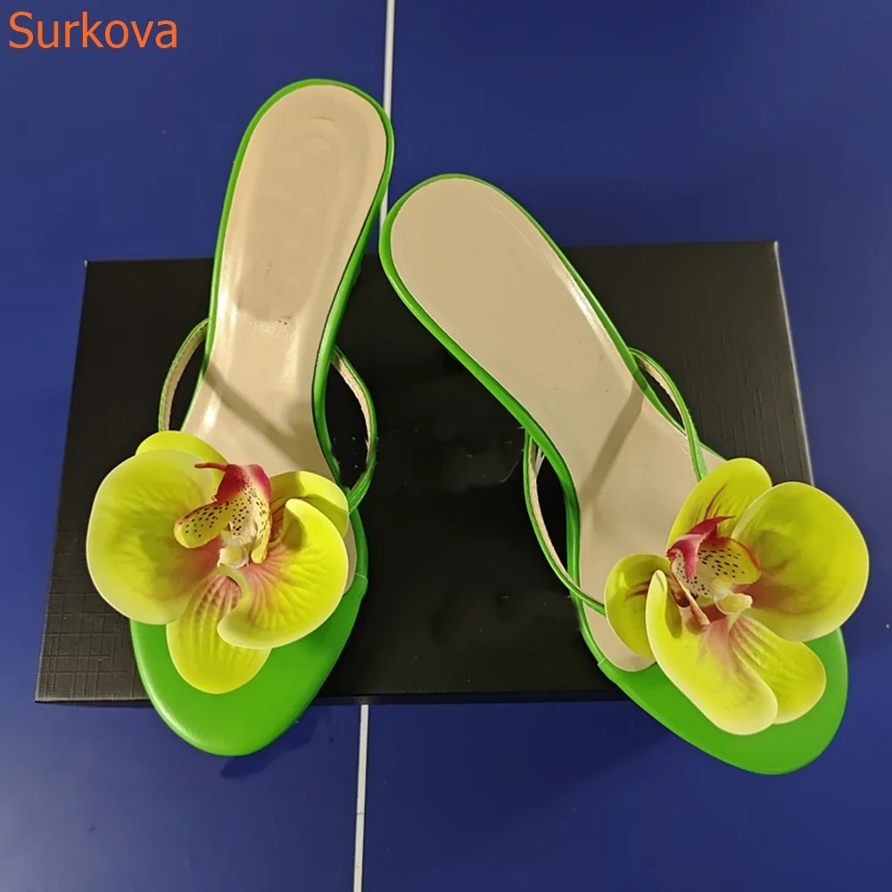 

Round Toe Flower Women Slippers Flip Flops Mixed Color Stiletto Heels Fashion Summer Runway Show Sexy Casual Modern Women Shoes