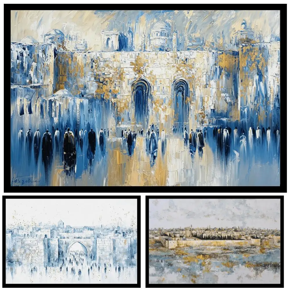 Oversize Abstract Jerusalem Western Wall Canvas Prints Blue Gold Holy City Landscape Modern Decor for Jewish Living Room Home