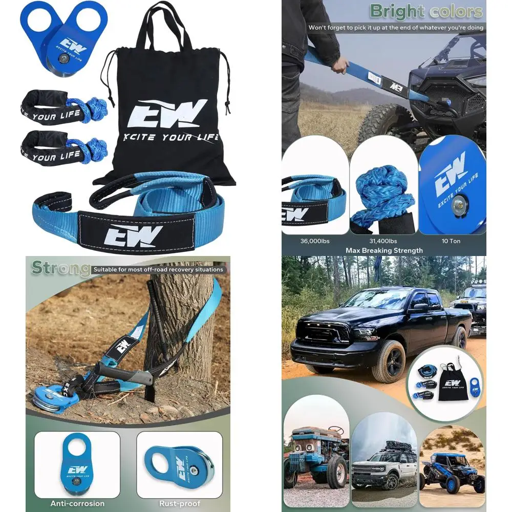 

10-Ton Pulley Block Kit with 3 x 8' Tree Protector, Soft Shackles, and Storage Bag for Vehicle Recovery and Winch Gear