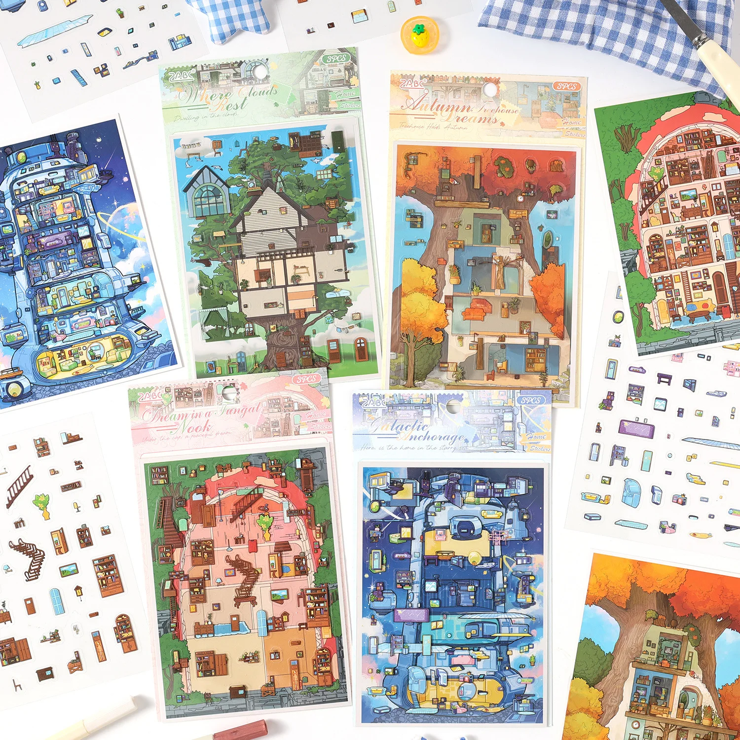 Kawaii Cloud dwelling place 3D Building Dreams in Autumn Landscape Sticker  DIY Pocket Cabin Scene festival gift ﻿