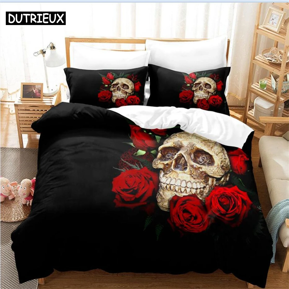 

Roses and Skulls All Season Twin Bedding Set Single Twin Full Queen King Size Bed Set Aldult Kid Bedroom Duvetcover Sets Anime