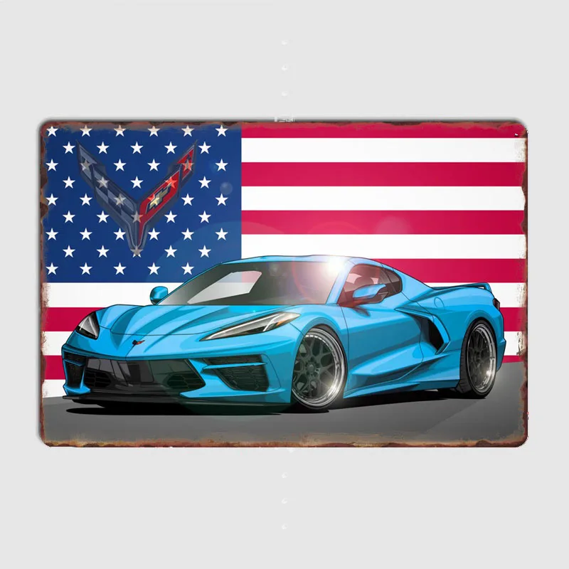 Blue Corvette Classic Car Posters Metal Sign Poster Garage Living Room Cinema Living Custom Tin Vintage Home Decor