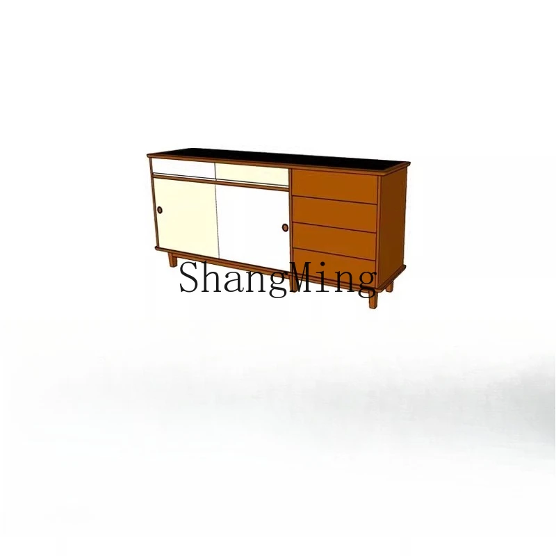 

FG retro cherry wood dining side cabinet integrated against the wall, high cabinet storage sliding door audio-visual cabinet
