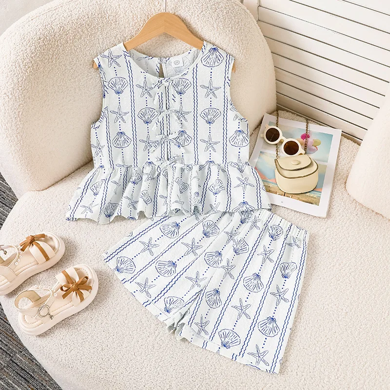Childrens Set Spring Summer New Collection Shell Sea Star Ocean Style Printed Sleeveless Top Shorts Two Piece Set Casual Fashion