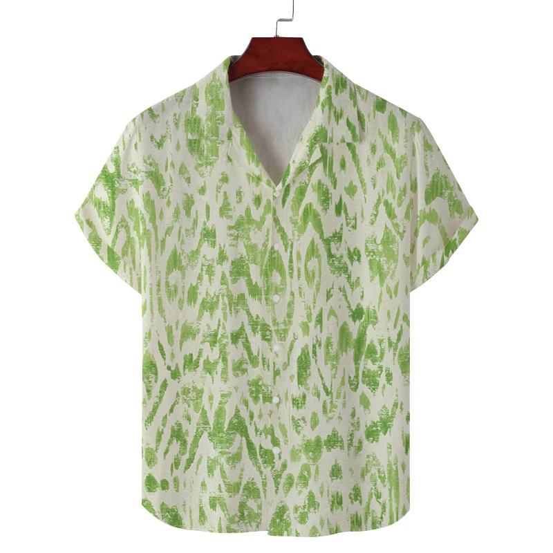Men's summer Cuban collar short-sleeved shirt personalized tree pattern print men's shirt comfortable and breathable