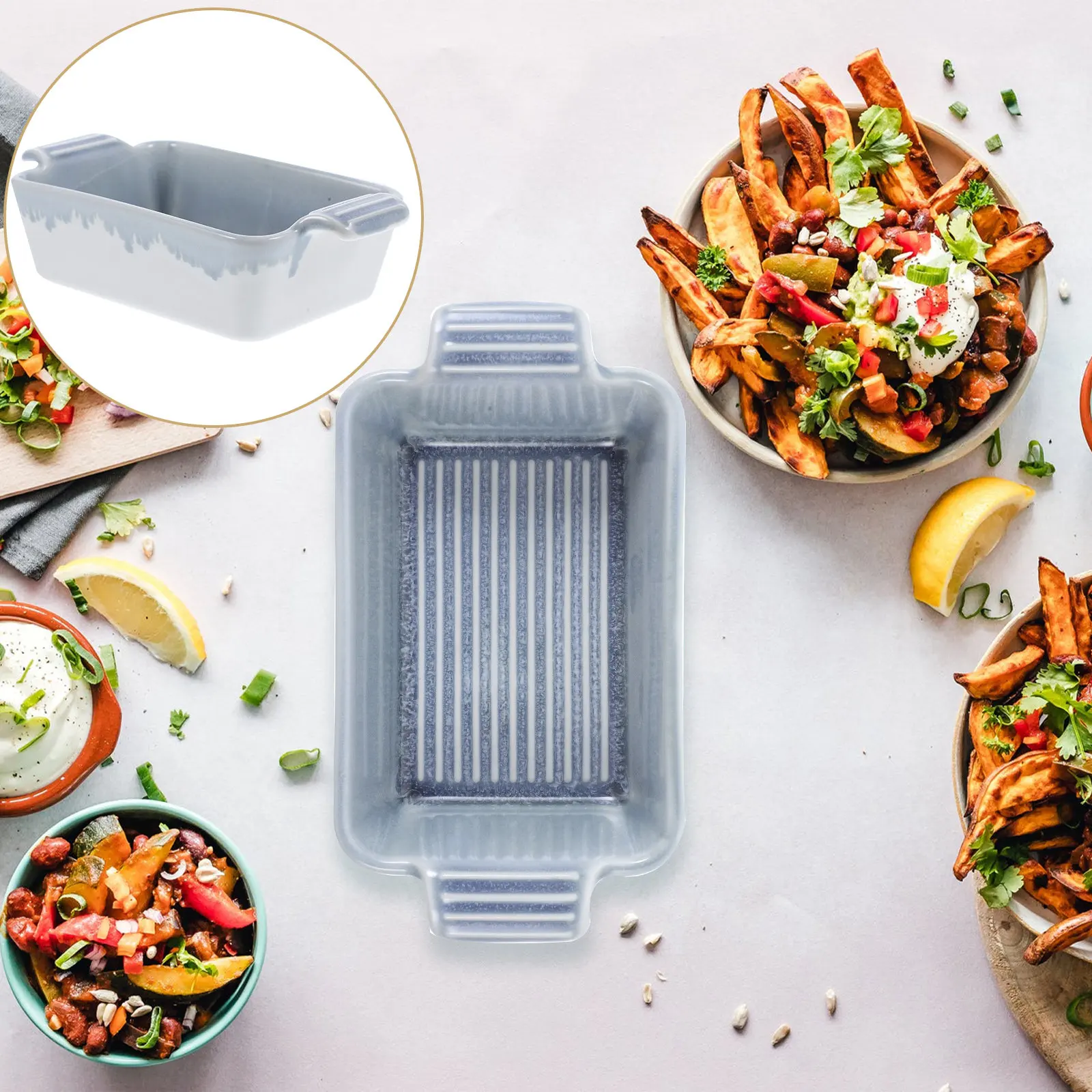 

Керамическая форма для запекания с двумя ручками, синяя, стабильная, пищевая, для соусов, супов, риса, яичного пудинга, для домашней кухни, в стиле ретро-шик, маленькая керамическая посуда