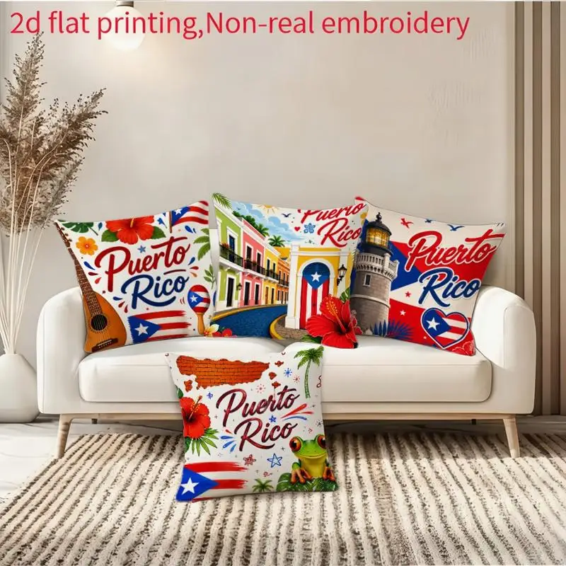 Puerto Rico Beach Tropical Theme Throw Pillow Cover Set of 4 Printed Polyester Ocean Nautical Coastal Pillow Decor Summer Vacati