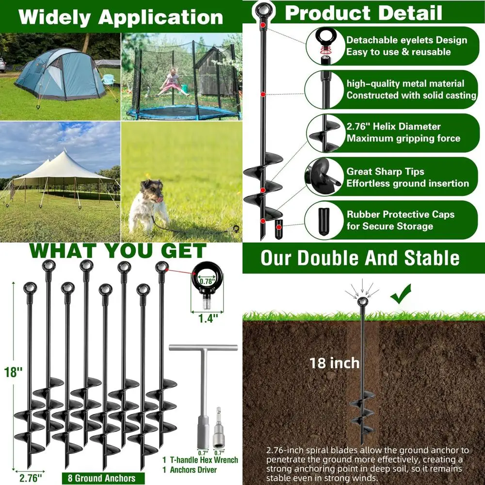 

Ground Anchors Heavy Duty, Swing Set Anchor Kit 18 Inch 8 Pack Screw in Earth Anchors Trampoline Stakes High Wind Metal Auger An