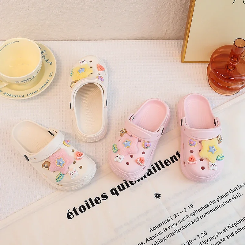 Children Casual Slipeprs for Girls 2025 Summer New Fashion Korean Style Soft Bottom Anti-slippery Versatile Cut-outs Beach Shoes