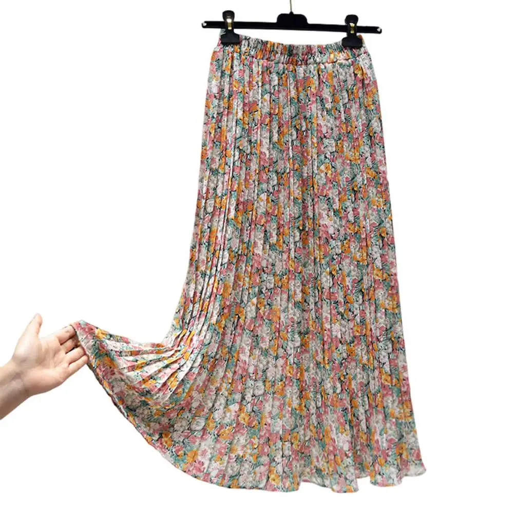 Fashion Pleated Skirt  Elastic Waist Washable Floral Skirt  Summer Floral Print Dress Women Pleated Skirt