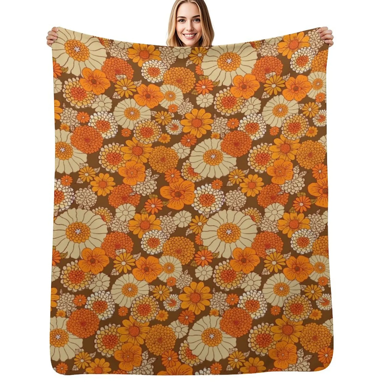 70s retro daisies, vintage flower power, orange and brown, boho, Throw Blanket Men's Soft Warm Throw Blanket for Couch
