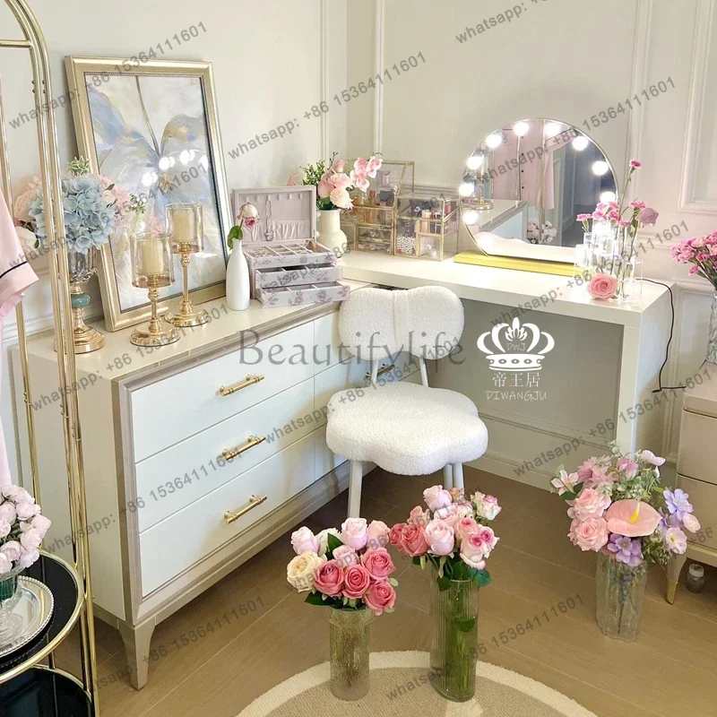 FG Mirror Wood Vanity Table Drawers Modern Simple Storage Chair Cabinet Dressers Makeup Girl White Coiffeuse De Chambre Furnitur