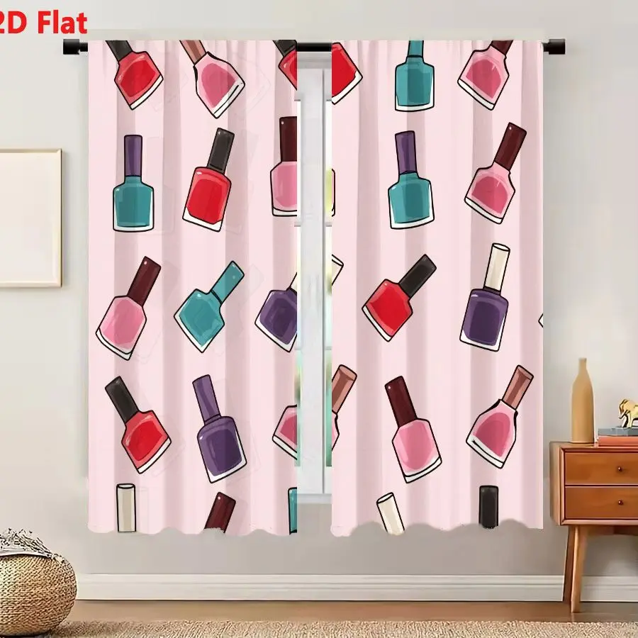2Pcs Curtains 2D Flat Seamless Pattern With Repeated Cartoon Nail Polish Bottles On Light Pink Background Varied Colors Red Pink