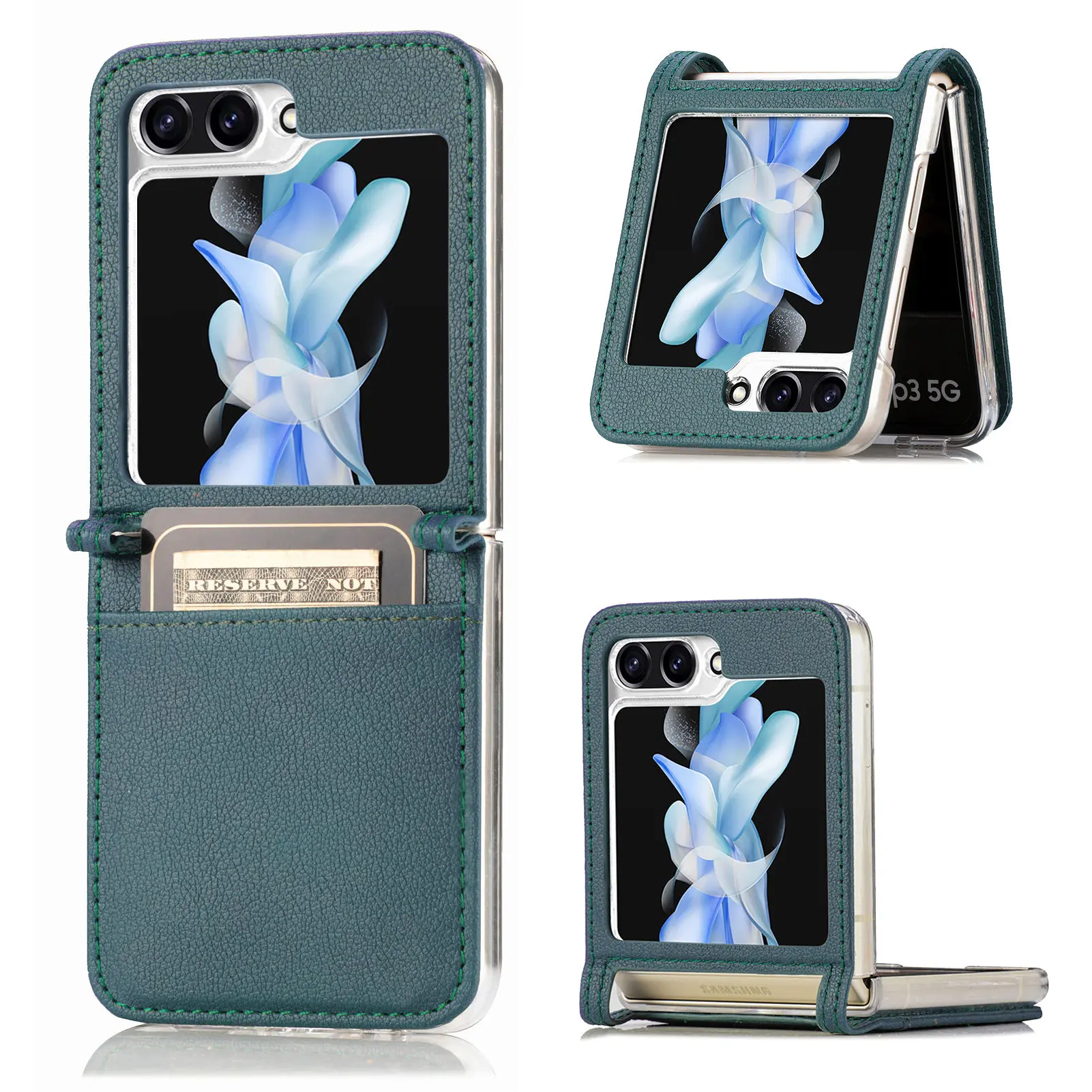 Anti-Falling Card Pocket Leather Case for Samsung Galaxy Z Flip 5 Flip4 Flip5 Flip2 Flip3 Flip 4 3 2 Zflip5 5G Protective Bag