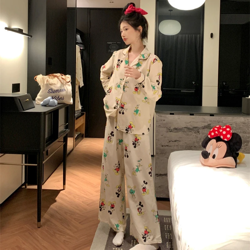 Cartoon Disney Mickey Mouse pajamas autumn cotton warm casual loose cardigan women\'s pajamas with chest pads loungewear set