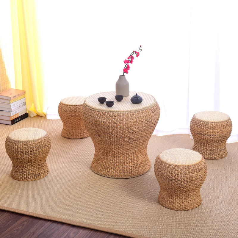 ‌Handwoven Rattan Tea Table Zen Tea Room Round Stool Compact Balcony Side Table Japanese Minimalist Living Room Accent Tables