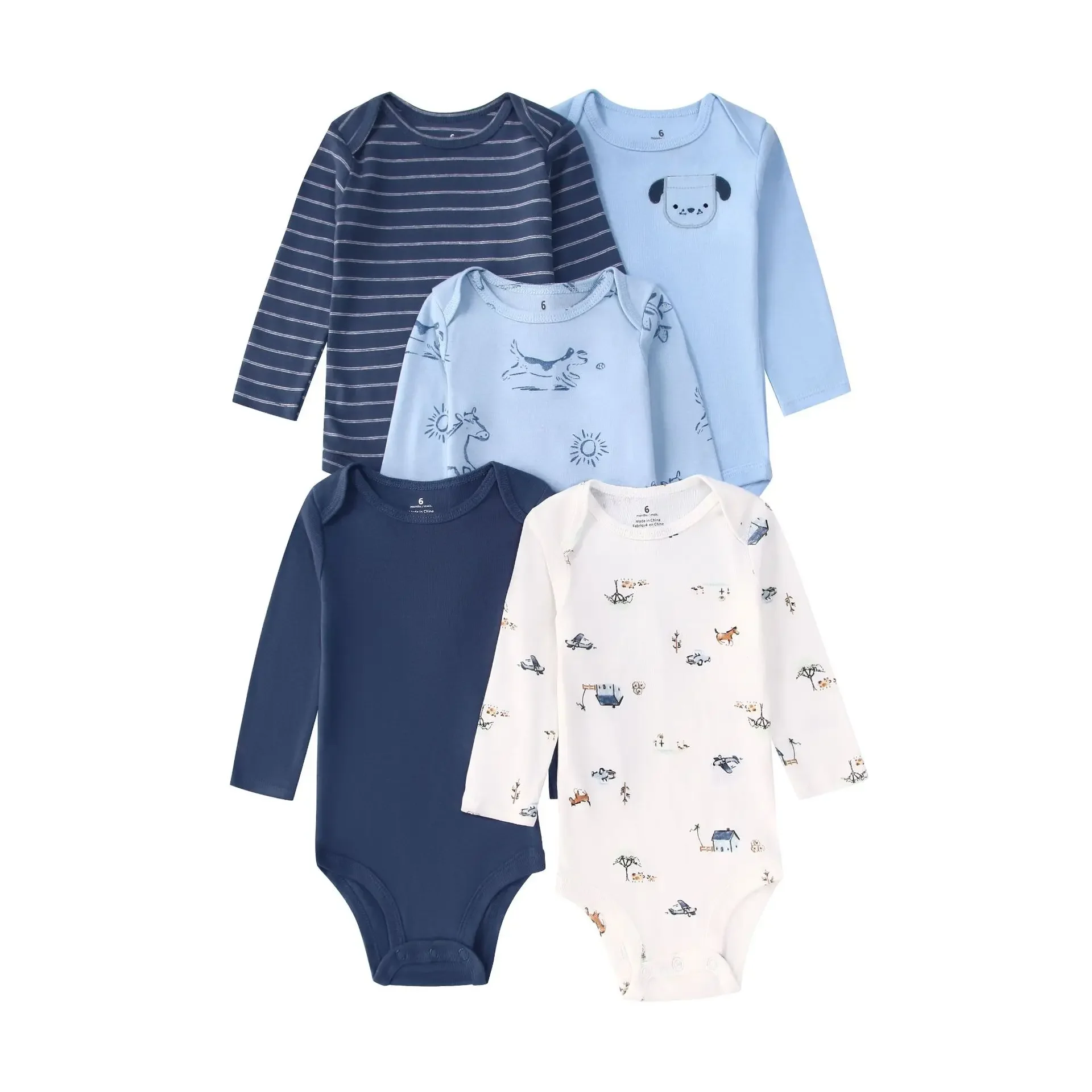 

(Baby 0-24M) 5pcs Infant Baby Rompers Jumpsuit Spring Autumn Children's Clothing Long-sleeved Triangular Hooded Crawling Suits