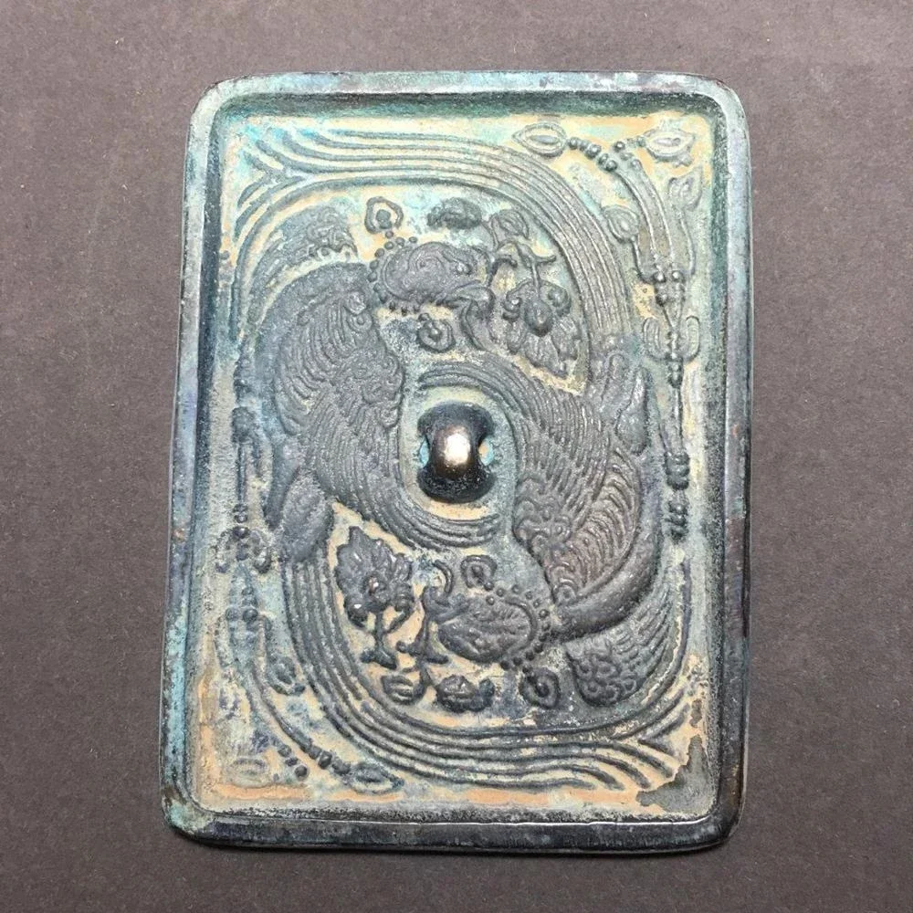 

Exquisite antique bronze mirror double phoenix ornament