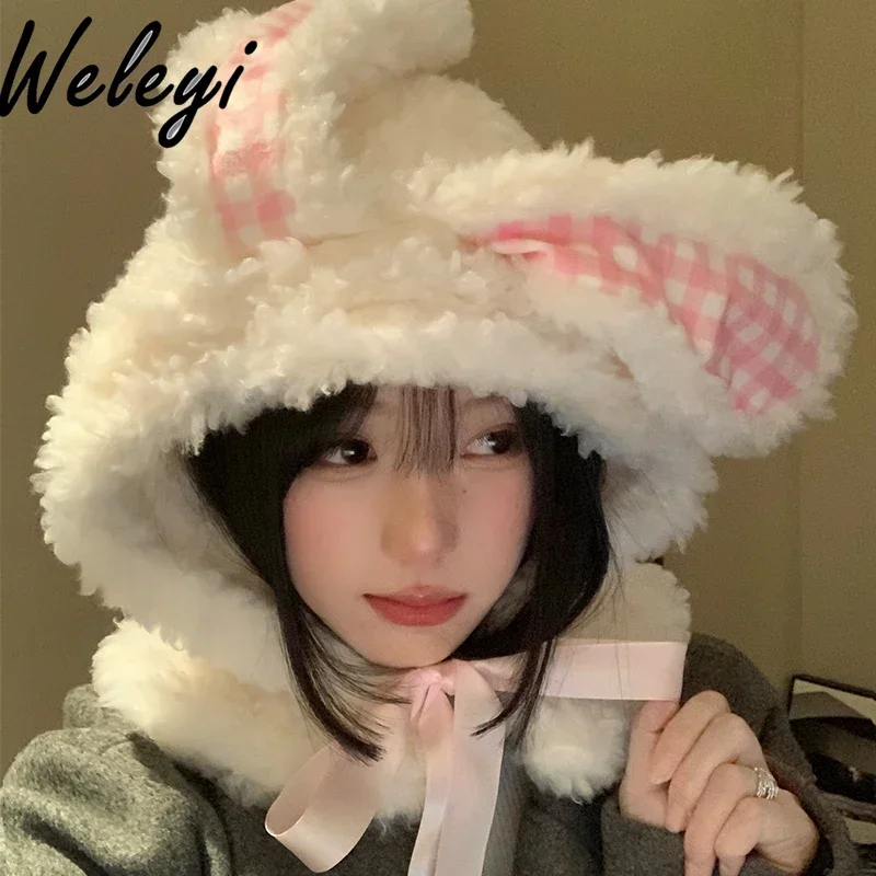 

Winter Cute Women's Bunny Ears Bow White Plush Hat Autumn New Thickened Cold-proof Ear Hats for Women Touca Feminina Inverno