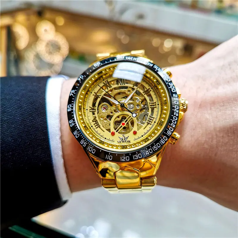 Light Luxury Retro Business Men's Mechanical Watch, Hollow Design, Stainless Steel Strap, Fashionable Casual Simple Stylish Black Warrior Watch, Men's Automatic Mechanical Watch, a Top Choice for Gift-Giving, a Famous Brand Watch