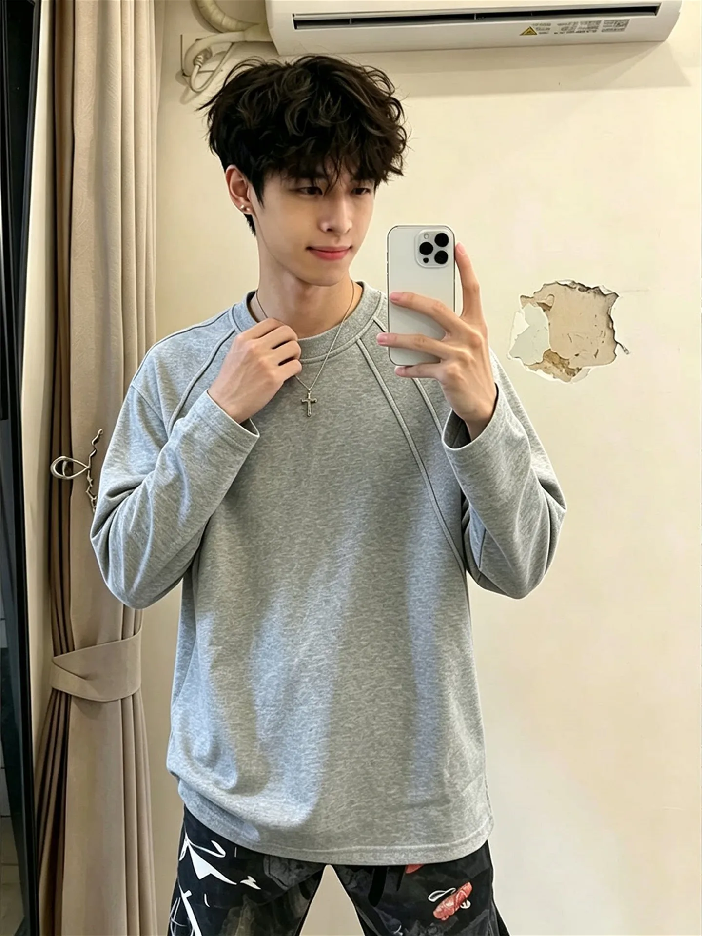Gray Deconstructed Long Sleeve T-Shirt Men's Autumn American High-End round Neck Sweatshirt Inner Wear Youthful Sensation
