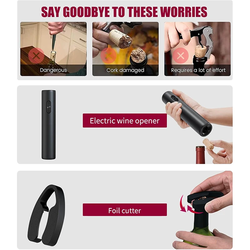 Electric Wine Opener Automatic Corkscrew Battery Wine Bottle Opener With Foil Cutter Pourer Stopper For Bar Home Party Wine Tool