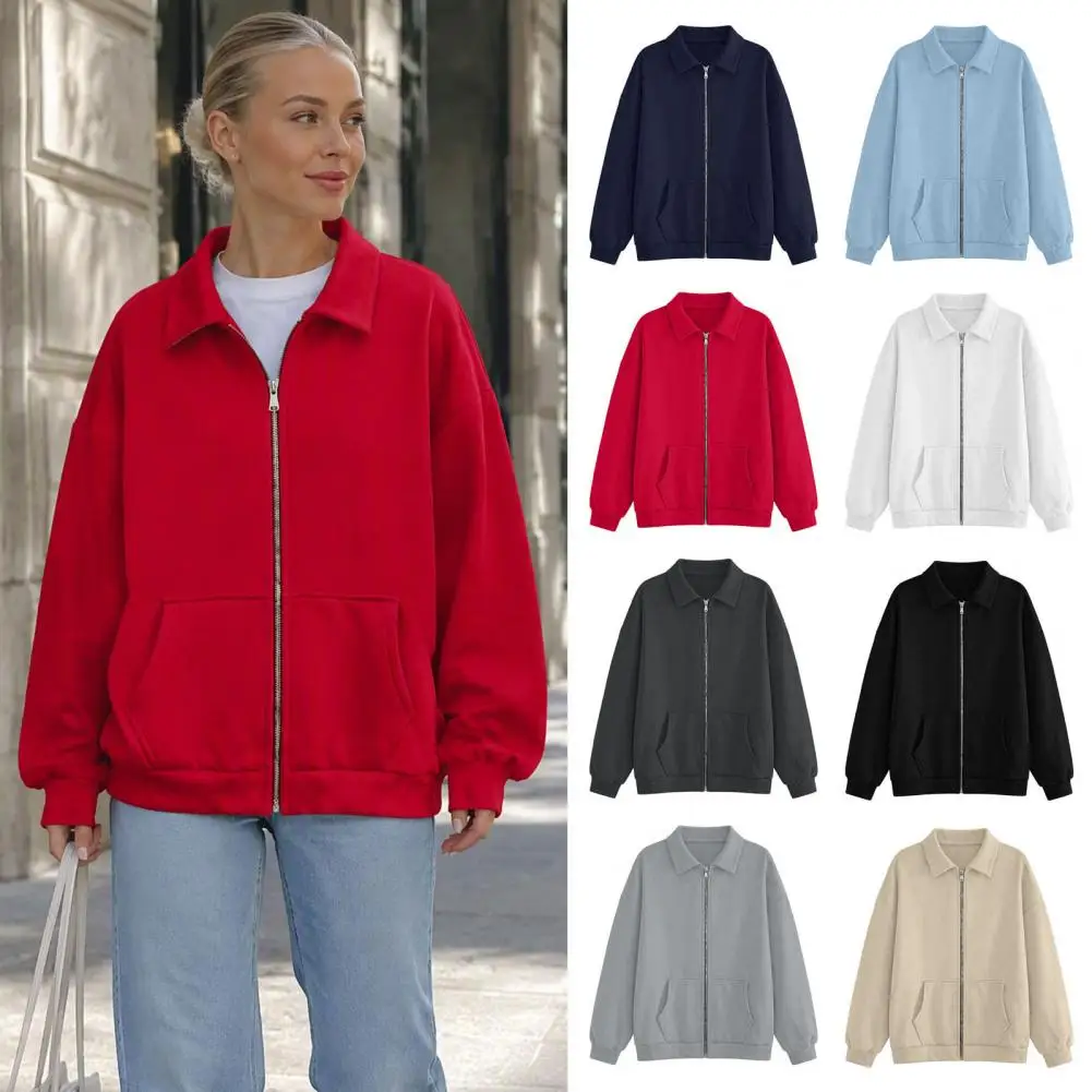 Turn-down Collar Sweatshirts For Women Autumn Winter Youths Plus Velvet Cropped Zip-up Coats All-match Korean Fashion College