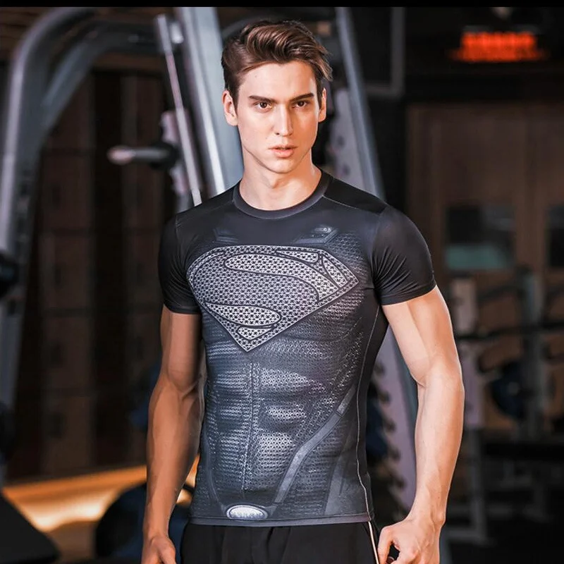 Summer new men\'s T-shirt 3D Printed T-shirt Avengers American Superman Spider-Man Iron Man Sports Quick dry tight short sleeves