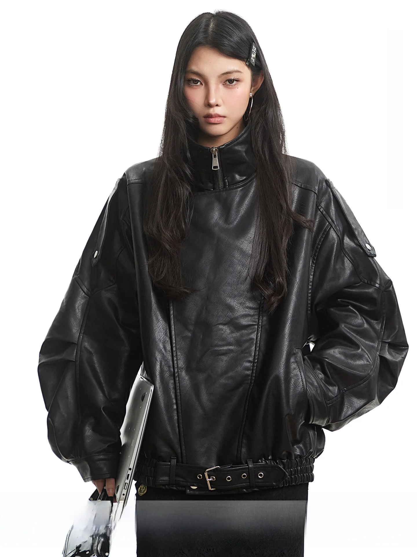 

UNCMHISEX Bla Loose Leather Jaet Motorcycle Sle Stand Collar Retro Leather Top Women's Faion Outerwear Coat
