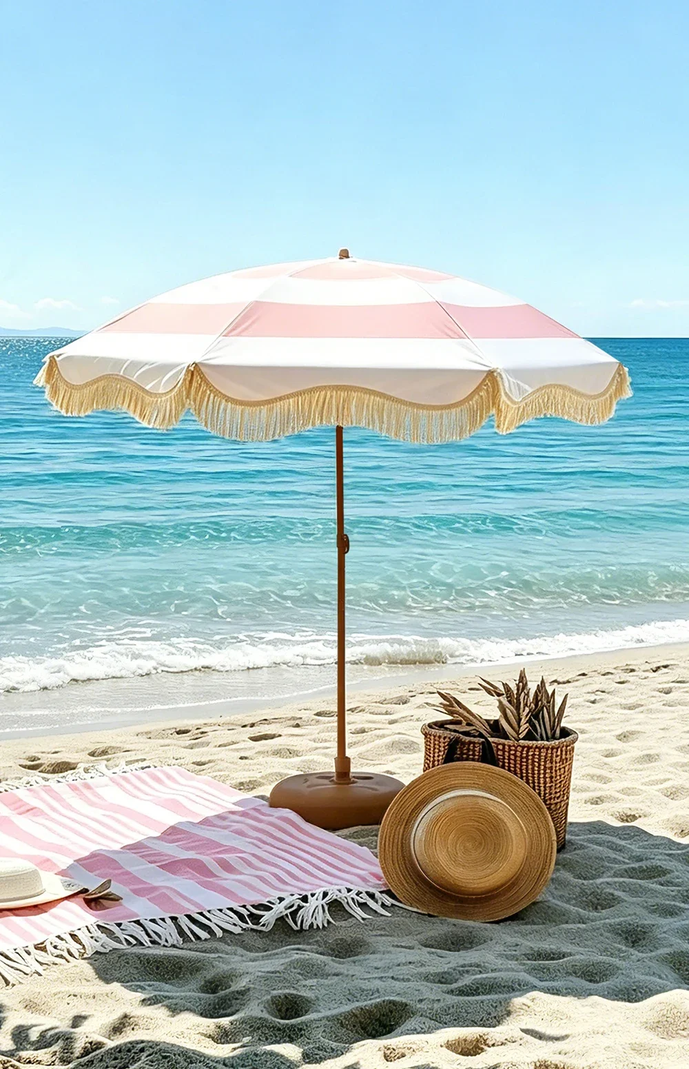 Japandi Striped Fringe Outdoor Parasol on patio