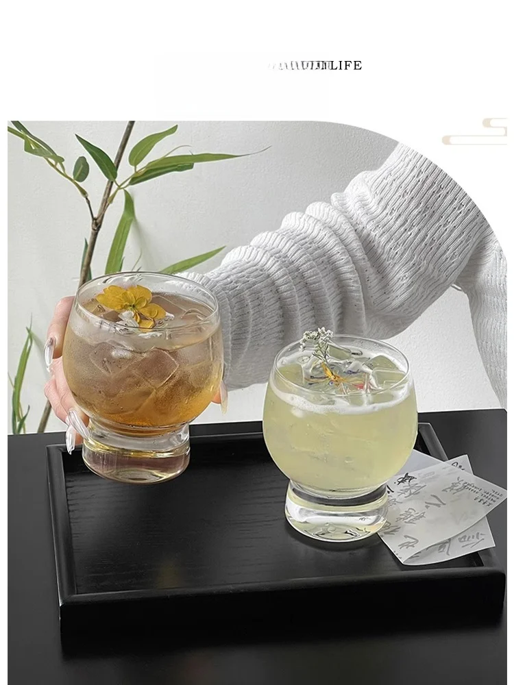 

Tlife Drum High-Platform Transparent Whiskey Glass Big-Bellied Juice Cup Crystal Glass round Shape Single Layer Ins Style