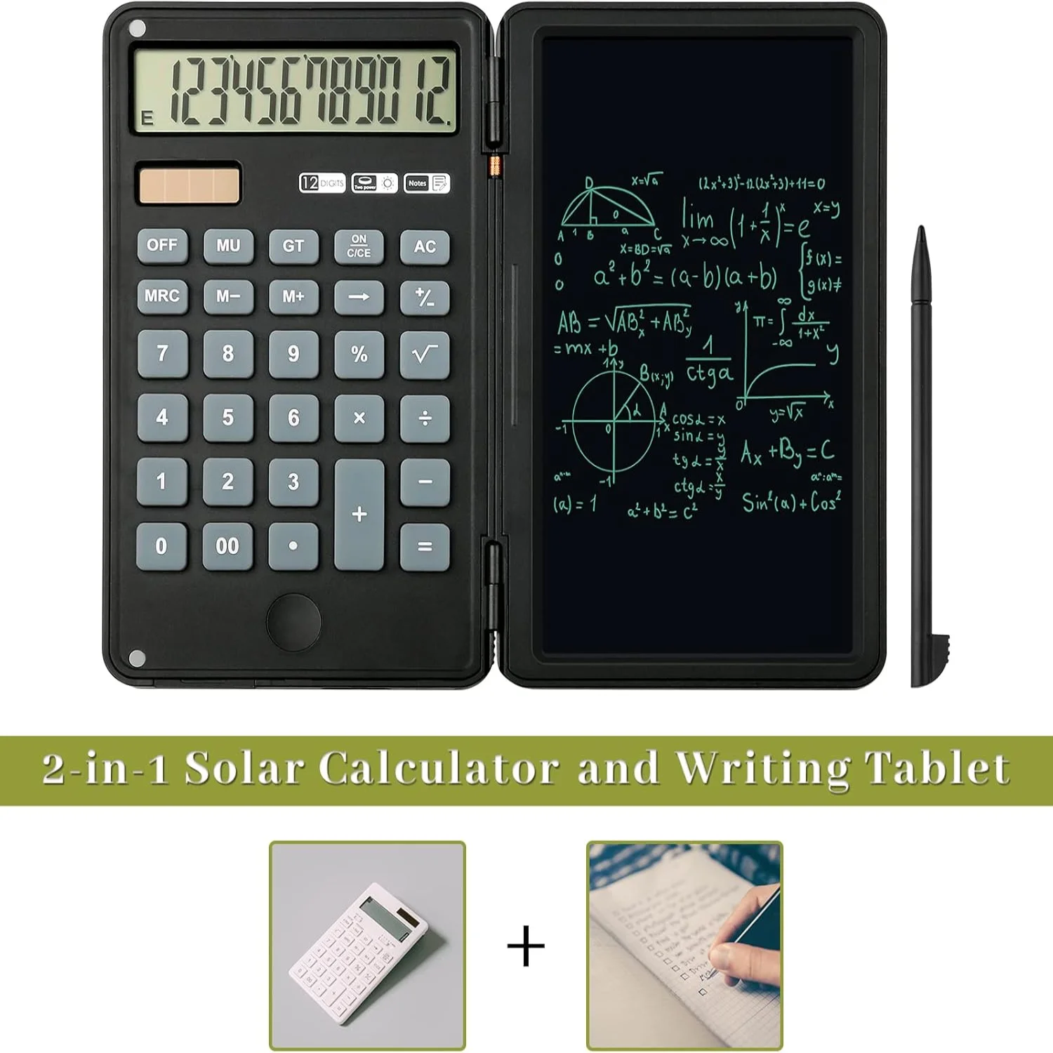 Calculator, 12-Digit  Mute Desktop Calculators with 6 inch Writing Tablet, Solar and Battery Dual Power for Office, School, Busi