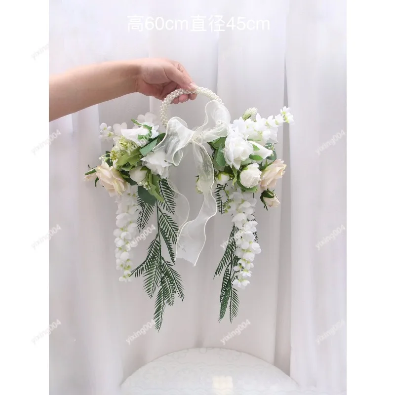 Circular Pearl Wrist Bouquet, Elegant Artificial Flower for Wedding Registry and Photography Decor