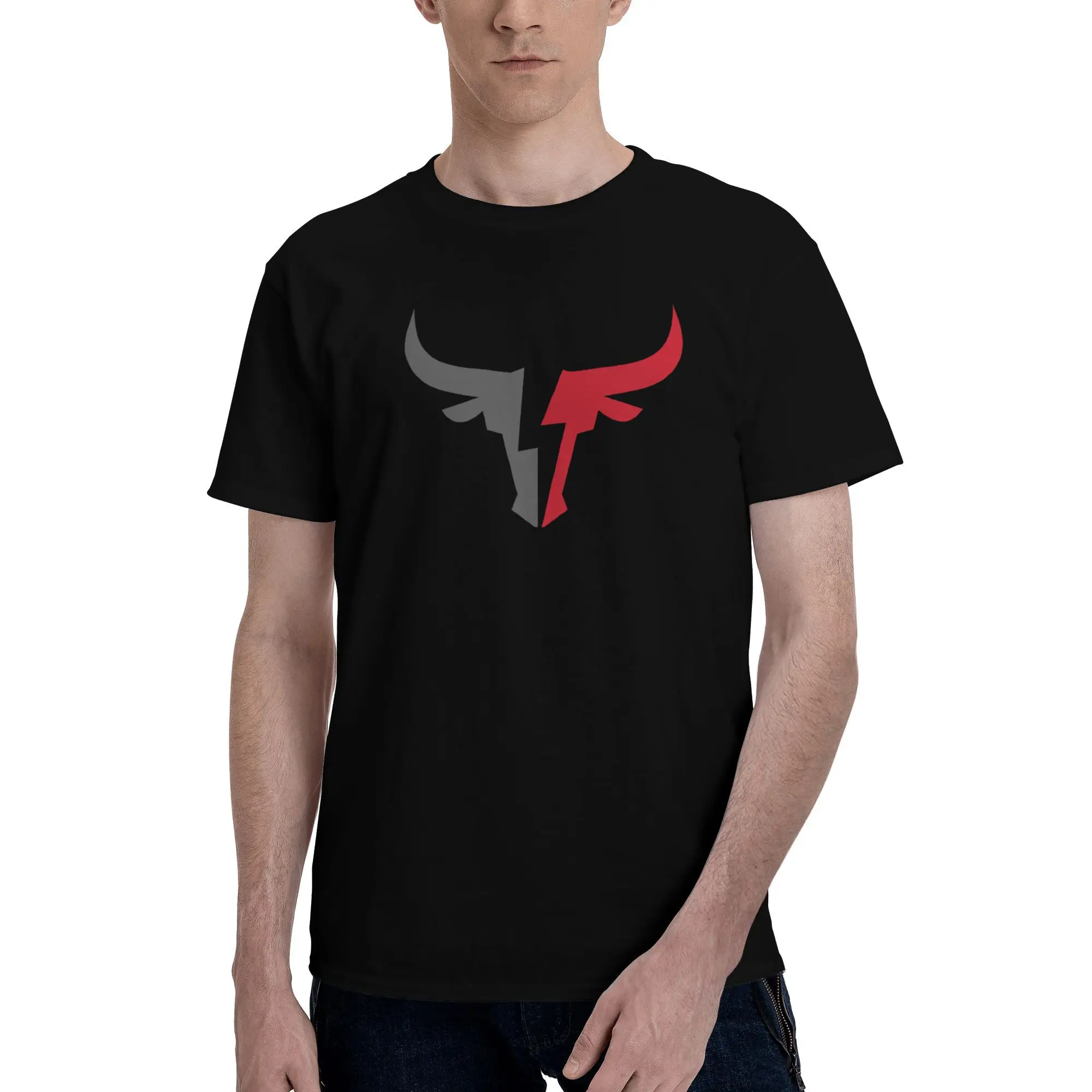 Camiseta de manga para hombre, diseño llamativo y estilizado con cuernos de toro rojos y grises, novedad de 2025