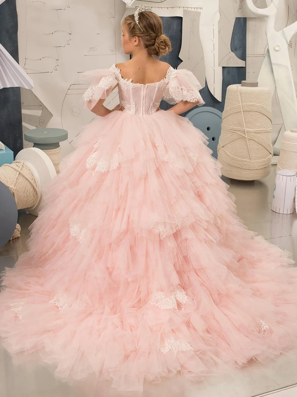 Vestido de princesa rosa con mangas abullonadas, vestidos de flores para niña, bata de boda, vestidos de primera comunión, vestidos de fiesta