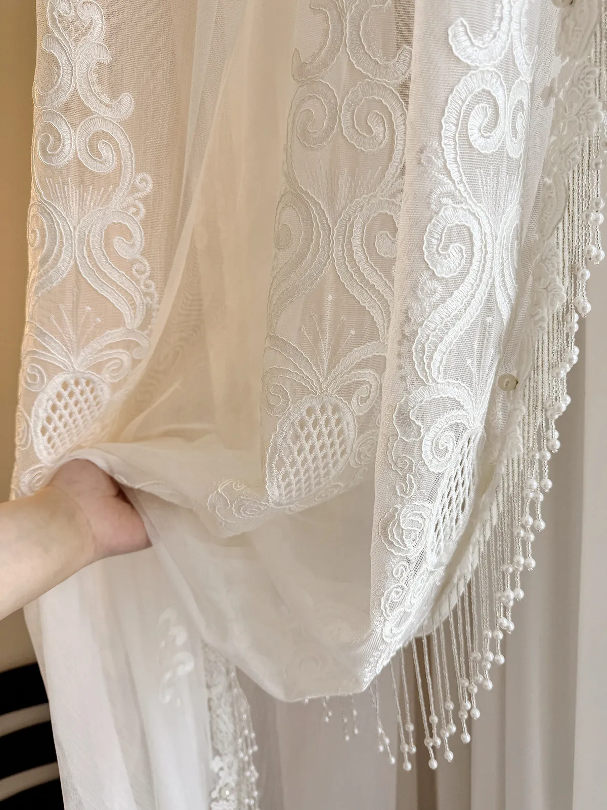 European Embossed Embroidery Openwork  Delicate Pearl Tassels Luxury  Sheer Curtains for Living Dining Room Bedroom White Tulle
