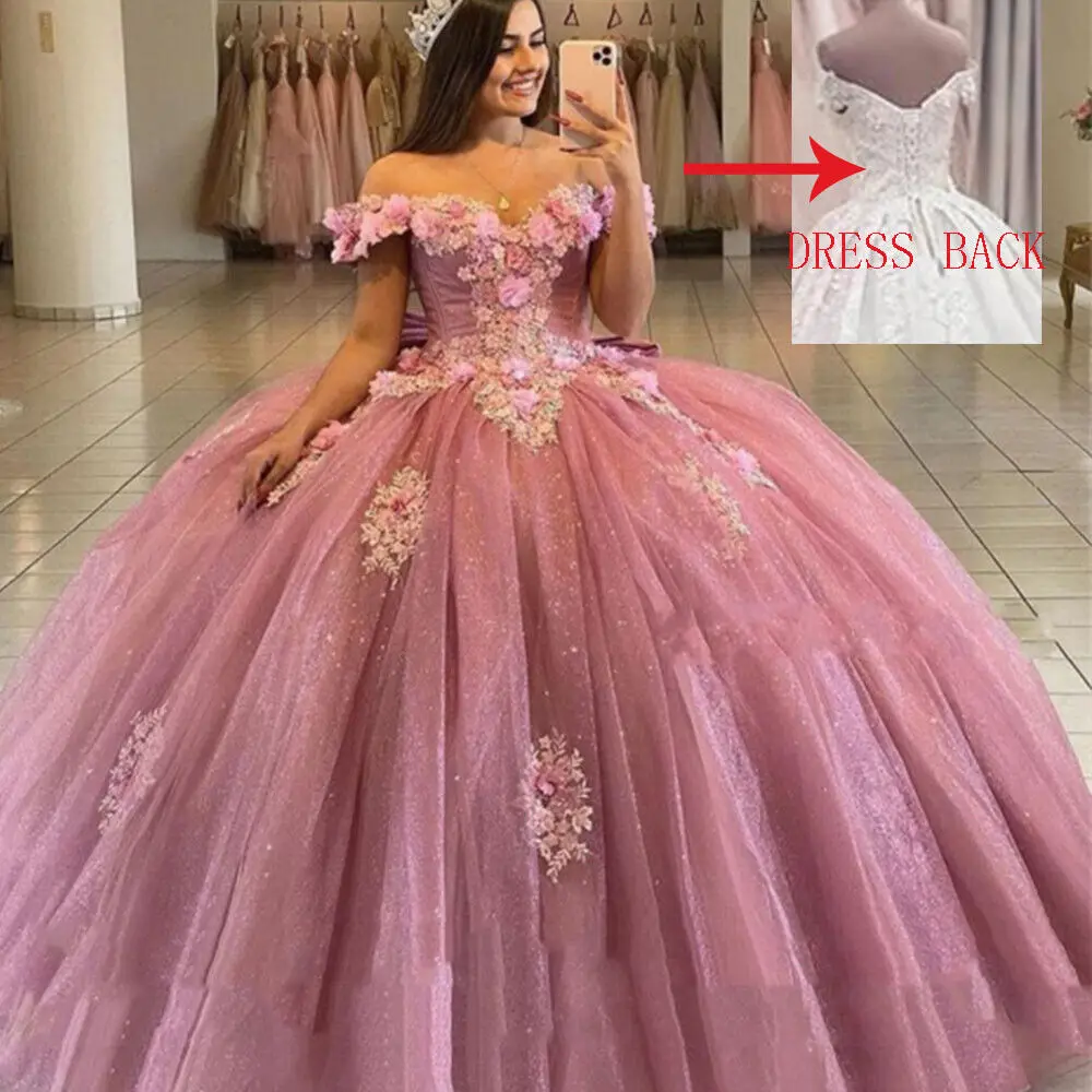 ANGELSBRIDEP Pink Quinceanera Dresses Sweet 16 Off Shoulder 3D Flowers Sweet 15 16 Gowns Lace Up Princess Vestidos Customized