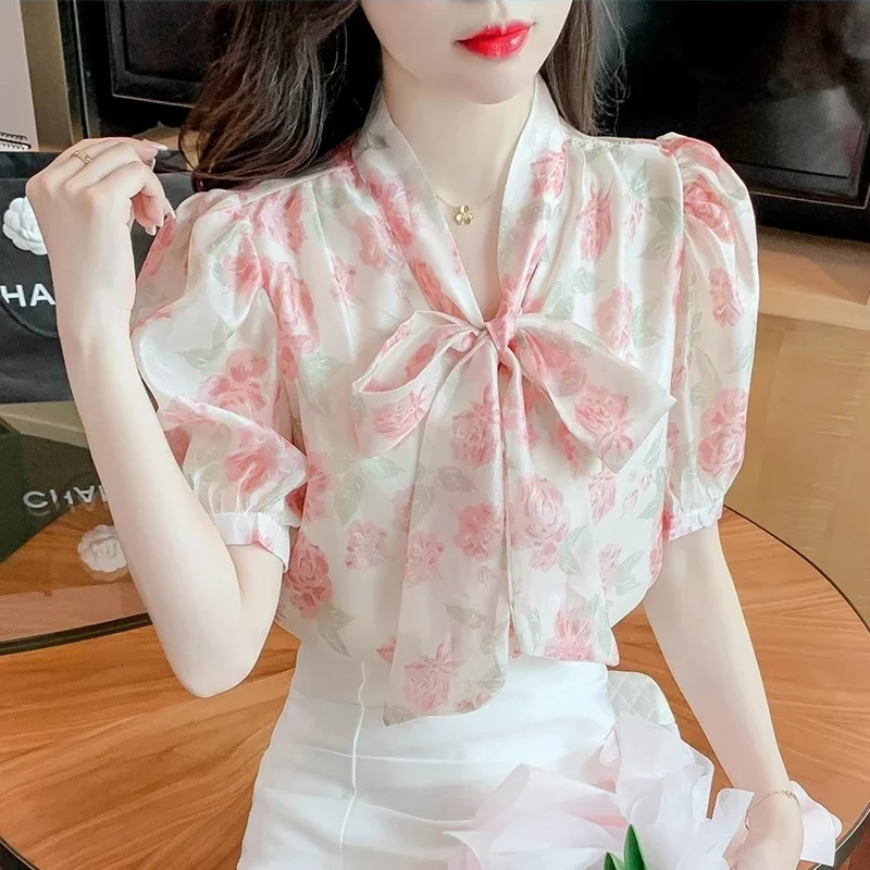 Summer Vintage Chiffon Shirts Women 2024 Korean Fashion Clothing Casual  Puff Sleeve Tops Bow Neck Floral Printed Y2k Blouses