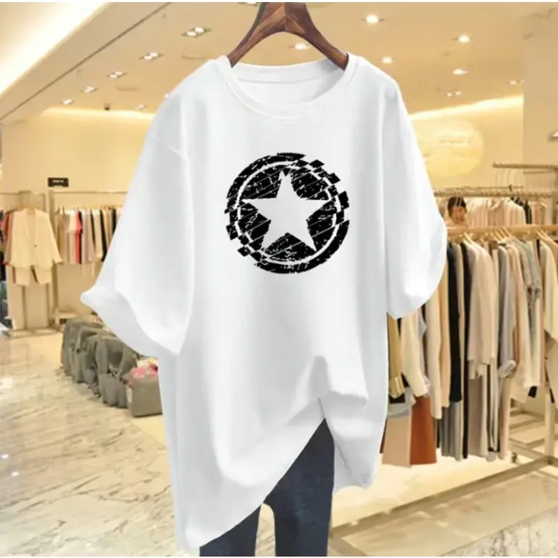 

Women Vintage Casual T-shirt Korean Style Pure Cotton Loose Tops Summer Fashion Geometric Printed O-neck Tunic