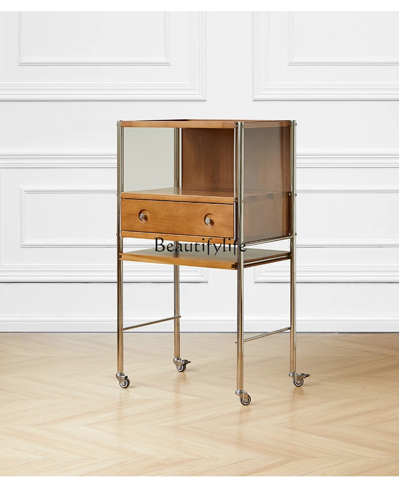 

Nordic solid wood sweeper storage cabinet simple living room sofa side cabinet Japanese-style small apartment movable