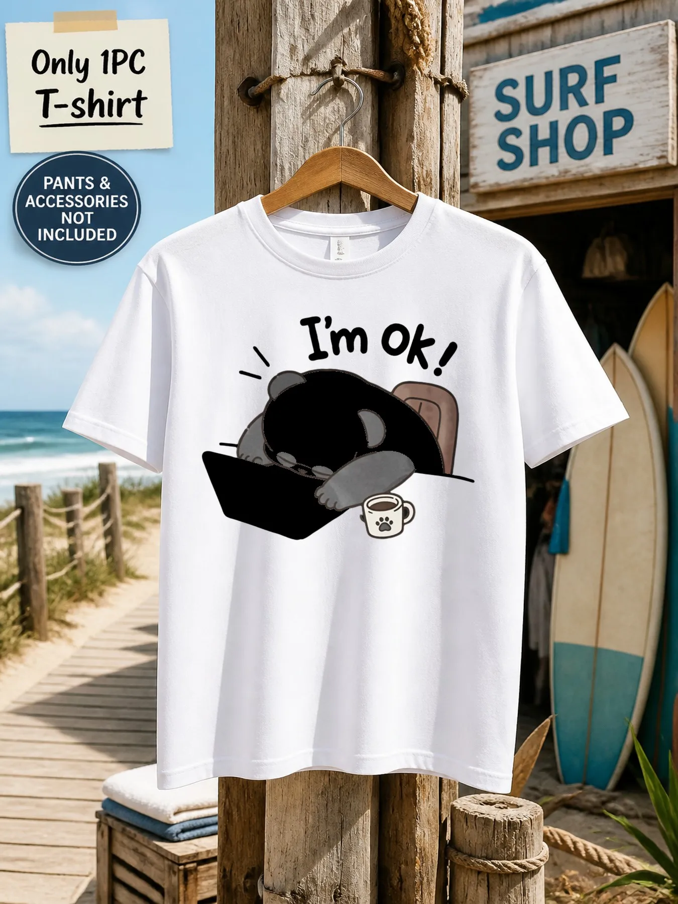 1pc Mens Graphic T Shirt Funny I'm Ok Panda Working At Desk Print Short Sleeve Crew Neck[solely 1pc T-SHIRT]
