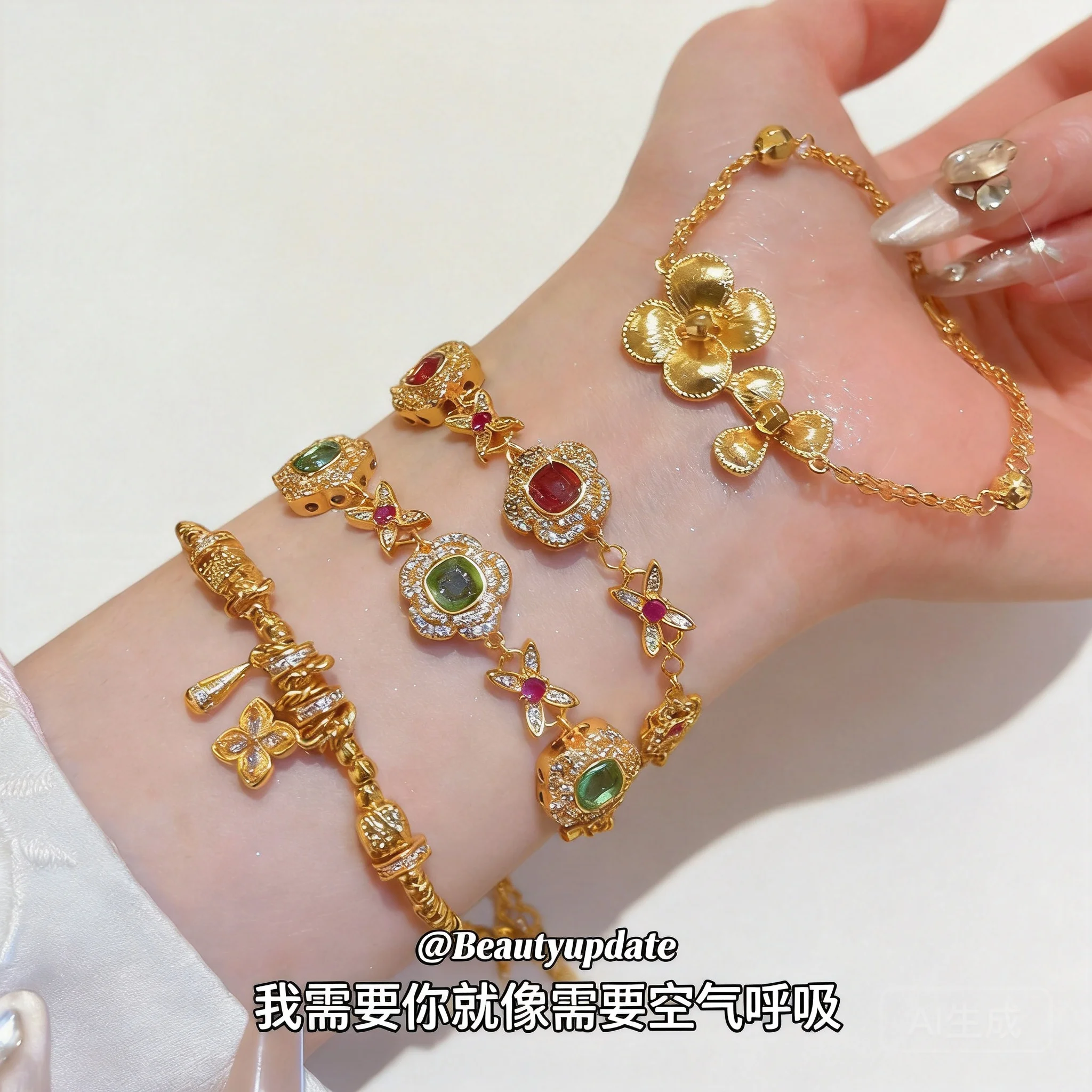 

Chinese Style Lucky Blessing Flower Bracelet 24k Real Gold Plated Vintage Elegant Beaded Bracelet For Women Good Fortune Wealth