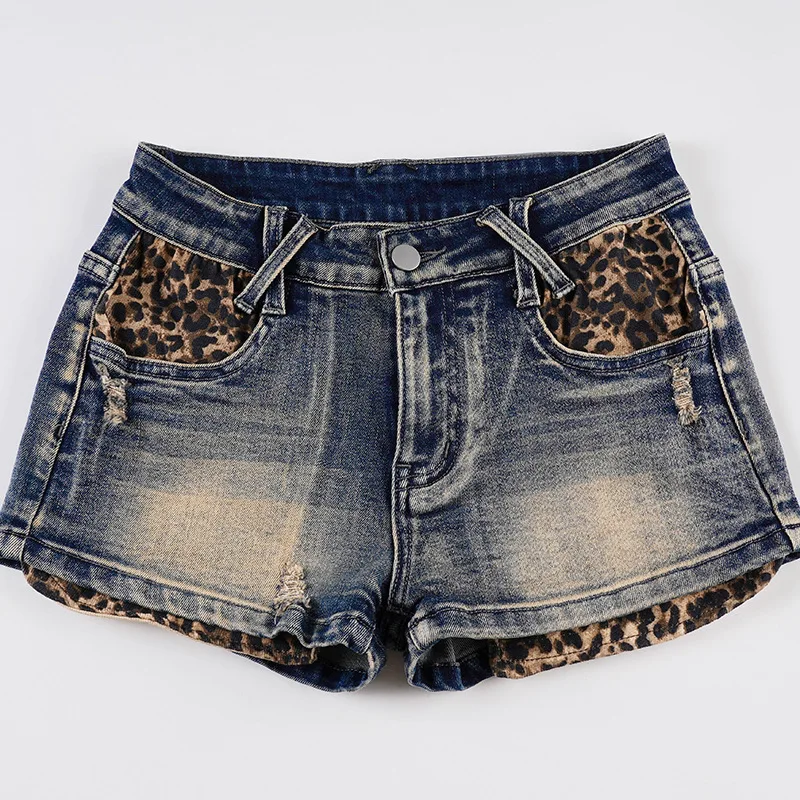 

retro street sexy low waist slim leopard print pocket tight jeans shorts for women