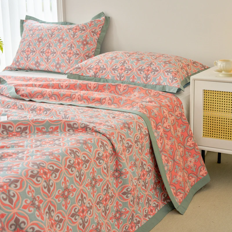 Vintage Triple-Layer Gauze Cotton Blanket Soft Skin-Friendly Jacquard Bedspread Coverlet, Lightweight Nap Throw for Home