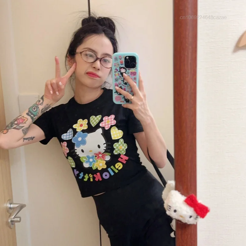 Sanrio Hello Kitty New Cute Crop Top Cartoon Korean Style Sweet Slim Short T-shirts For Women Y2k Clothes Summer Streetwear Tees