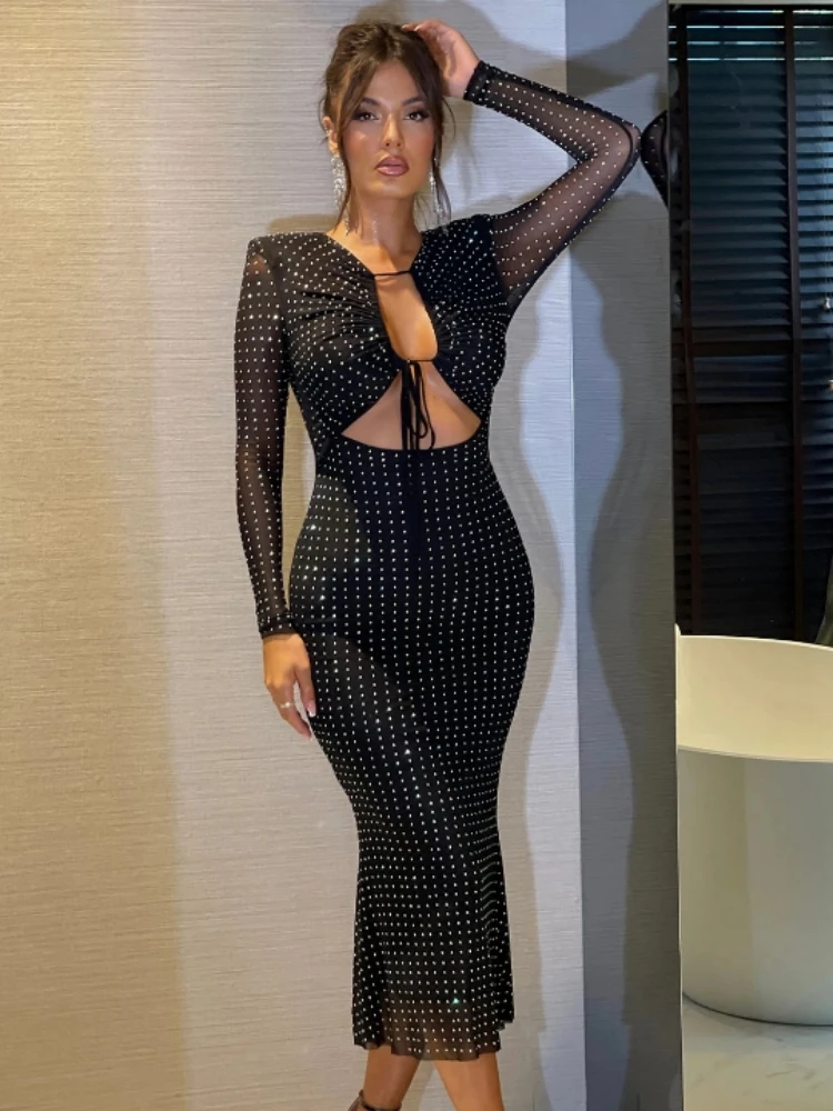 

Sexy V Neck Cutout Long Sleeve Glitter Diamonds Dress Women Black Mesh Sparkle Lace-up Bodycon Midi Dresses Evening Party Club