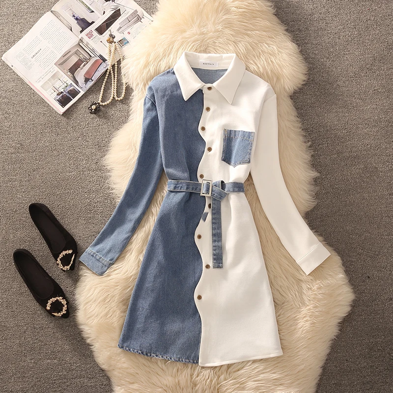 

Casual Style Spliced Denim Shirt Dress Belted Midi Length Long Sleeve Slimming Top Spring 2026 Polyester Blend Flip Collar