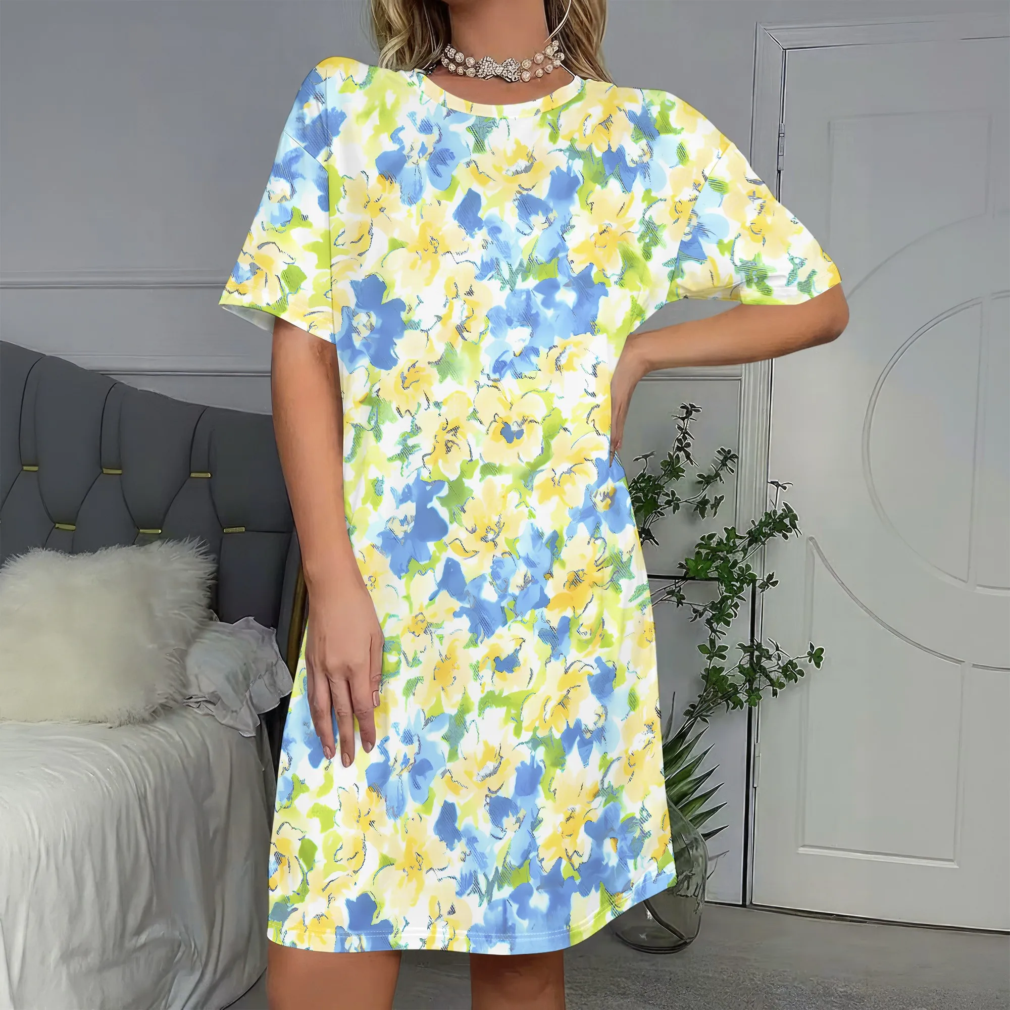 

Floral Print, Short Sleeve Dress, Blue Yellow Pattern, Casual Summer Wear, Beach Outfit, Women's Fashion, S-2XL